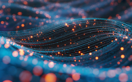 Abstract digital wave flow with glowing particles and bokeh effects, representing big data, artificial intelligence, and network concepts.の素材