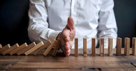 Businessman's hand stopping falling wooden dominoes on a table, symbolizing crisis intervention, risk management, and problem prevention in business scenarios.の素材