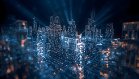 Digital city skyline with interconnected buildings and data streams symbolizing advanced urban technology and future development and communication.の素材