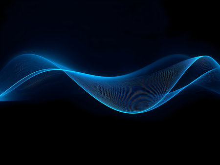 Abstract blue flowing wave pattern of glowing light lines for digital data, sound waves, energy flow, and advanced technology theme.の素材