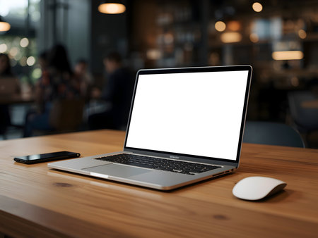 Laptop with blank screen, smartphone, and mouse on a wooden table in a blurred modern cafe, ideal for remote work and digital content.の素材