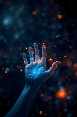 Human hand interacting with a glowing digital network of interconnected light particles, representing technology, ai, and global communication.の素材