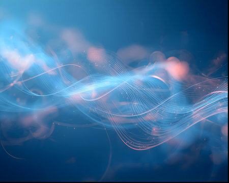 Dynamic abstract blue and cyan light trails forming a digital wave pattern with subtle orange bokeh particles, symbolizing data flow and technology.の素材
