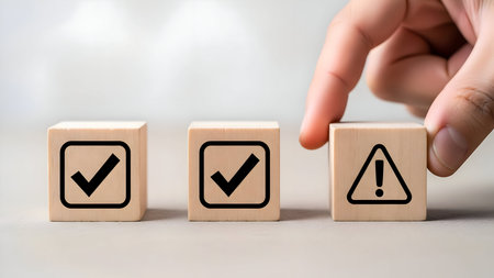 Hand placing warning sign wood block next to completed task checkmarks, illustrating crucial decision-making, risk, compliance, and quality process.の素材
