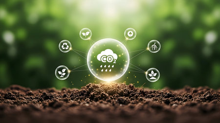 Carbon capture technology and sustainable environment concept with co2 cloud icon, eco symbols, and green nature background for climate change solutionsの素材