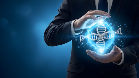 Businessman's hands holding glowing dna double helix structure, symbolizing genetic research, medical innovation, and scientific advancement.の素材