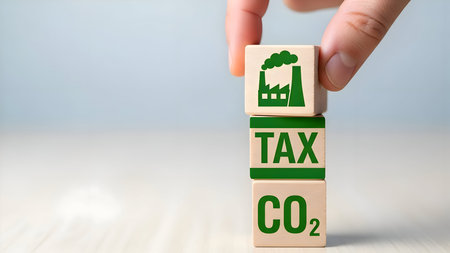Hand stacking wooden blocks with factory, tax, and co2 symbols, representing carbon taxation, environmental policy, and industrial sustainability.の素材