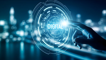 Hand interacting with glowing 'digital' interface, symbolizing future technology, innovation, global network, and data transformation.の素材