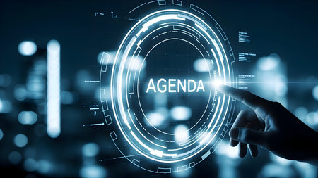 Hand interacting with a virtual screen displaying 'agenda' within a glowing futuristic digital interface, ideal for business planning.の素材