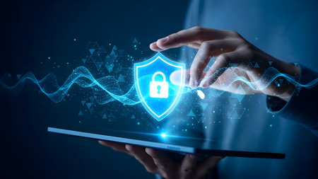 Cybersecurity professional safeguarding digital data on tablet device, illustrating advanced network protection and internet privacy solutions.の素材