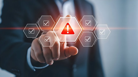 Professional pointing at a digital warning sign surrounded by approved checks, illustrating proactive risk management and system integrity oversight.の素材