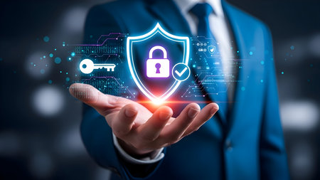 Digital security shield and padlock with key held by a businessman, symbolizing data protection, cybersecurity, and secure access.の素材