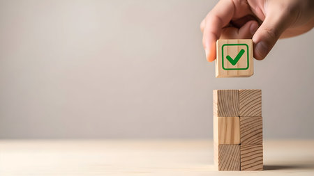 Hand placing a wooden block with green checkmark symbol on top of a stack of blank cubes, signifying task completion or selection processの素材