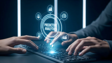 Predictive analytics data science concept with business person typing on keyboard, analyzing future trends and forecasting market insightsの素材