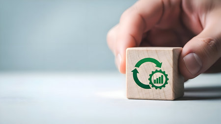 Hand holding a wooden block with green refresh arrows and gear bar chart icon, representing continuous improvement, data-driven process optimization.の素材