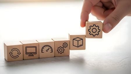 Hand placing gear icon wooden block on line of blocks, representing process improvement, workflow optimization, automation, and system developmentの素材