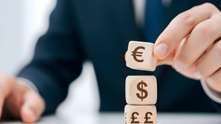 Hand stacking wooden blocks with euro, dollar, and pound currency symbols, illustrating global finance, exchange rates, and investment strategy.の素材