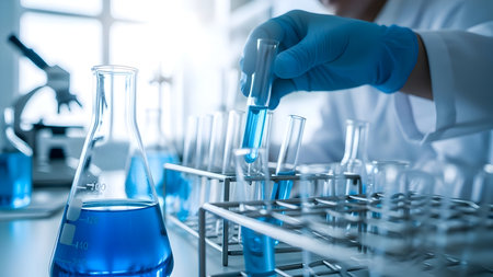 Scientist working in a laboratory, holding a test tube with blue liquid for an experiment, showcasing chemical research and innovation.の素材
