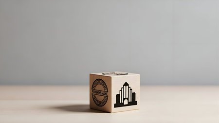 Wooden cube with a stylized building icon, representing education, administration, institutional governance, legal frameworks, and official processes.の素材