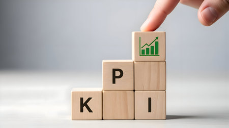 Hand placing last wooden block with green graph icon on top of kpi (key performance indicator) blocks, symbolizing business growth, success, and strategic goal achievement concept.の素材