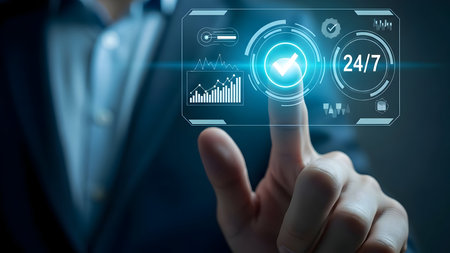 Businessman's hand interacting with a futuristic digital interface displaying business analytics, 24/7 service, and a confirmation checkmark.の素材