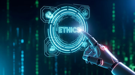 Robotic hand interacts with a glowing digital interface displaying 'ethics', symbolizing artificial intelligence's moral compass and future business integrity.の素材