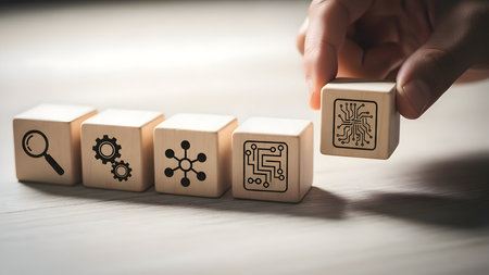 Hand placing a wooden cube with a circuit board icon, signifying technological advancement, innovation, and digital transformation strategy.の素材