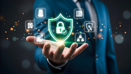 Businessman displaying digital data security shield, symbolizing advanced cyber protection for global networks, sensitive information, and online privacyの素材