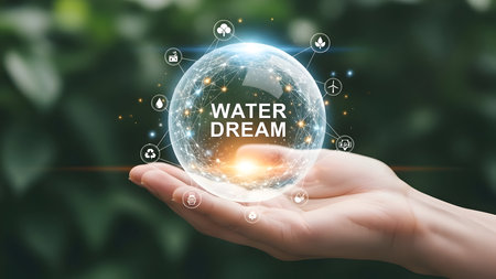 Hand holding glowing sphere with 'water dream' text and interconnected environmental icons, symbolizing global sustainability and ecological preservation effortsの素材