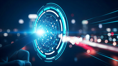 Digital transformation, global network connection. human finger touches glowing futuristic circular interface with data sphere, smart city lights in background.の素材
