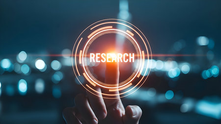 Hand activating a glowing holographic interface displaying 'research' text, symbolizing innovation, scientific discovery, and future-forward data analysis.の素材
