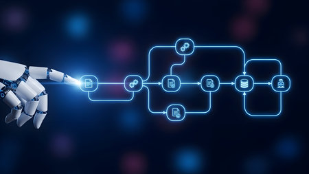 Robot hand activating an automated digital workflow for data processing and business optimization, depicting artificial intelligence in actionの素材