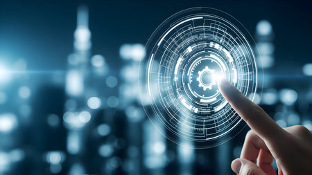 Finger interacting with a glowing futuristic digital interface with gear icon, representing innovation, technology, and settings in a blurred city background.の素材