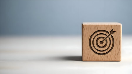 Wooden cube with engraved target and arrow symbol, representing business goals, marketing strategy, success, achievement, and precisionの素材