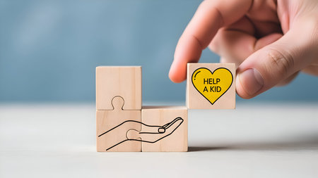 Hand holding puzzle piece with 'help a kid' heart, joining other pieces depicting an open hand, illustrating child charity and welfare effortsの素材