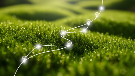 Conceptual path of glowing light bulbs winding through vibrant green moss with glistening water droplets, symbolizing innovative ideas and sustainable growthの素材