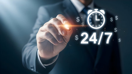 Businessman's hand touching virtual display with 24/7 icon, clock, and dollar signs, representing constant business and finance success.の素材