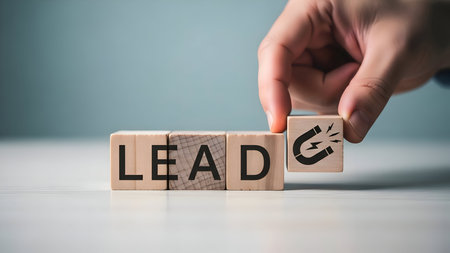 Hand completing "lead" with a magnet block, symbolizing lead generation, customer attraction, inbound marketing, business growth strategy.の素材