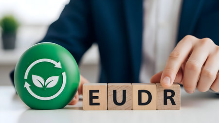 Eudr wooden blocks with a green sustainability sphere, illustrating business commitment to deforestation regulation and eco-friendly practicesの素材