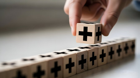 Hand placing wooden cube with black plus sign onto a row, symbolizing addition, growth, positive change, and new solutions for future success development.の素材