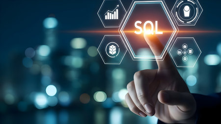 Hand touching glowing sql icon, representing database management, data analysis, and structured query language technology in a modern business contextの素材