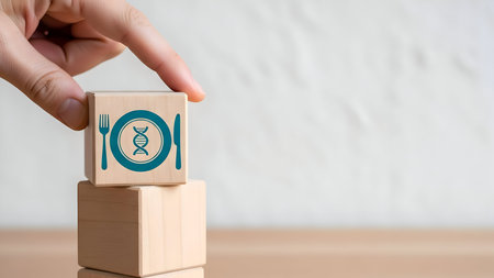 Hand placing wooden block with dna, plate, fork, knife icon, symbolizing personalized nutrition, nutrigenomics, and genetic diet.の素材
