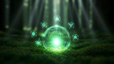 Eco-friendly energy sphere in a lush forest, surrounded by interconnected digital icons representing environmental protection and data networkの素材