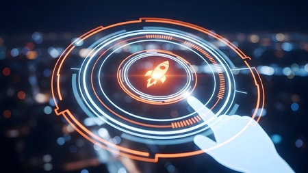 Digital hand activating futuristic interface with a glowing rocket icon, symbolizing business launch, startup success, innovation, technology, and progress over a vibrant cityscape.の素材