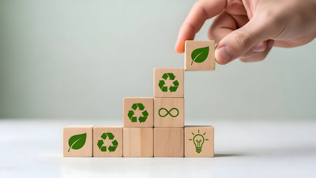Hand carefully placing wooden block with green leaf atop a stack of blocks featuring eco-friendly symbols, depicting sustainable progress and environmental solutions.の素材