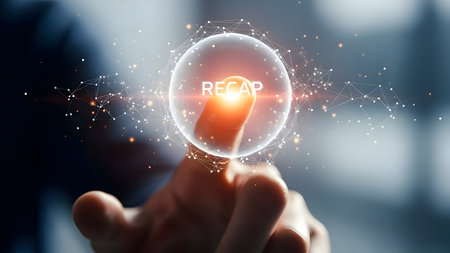 Hand touching glowing 'recap' button in abstract digital sphere, representing summary, review, and data analysis for technology business concept.の素材
