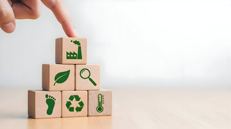 Human hand touches wooden block with green factory icon in a pyramid of ecological sustainability symbols on a white background.の素材
