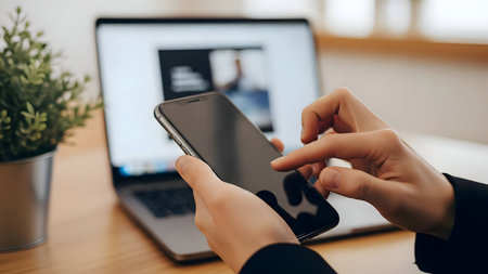 Cropped view of businesswoman using smartphone while sitting at office deskの素材