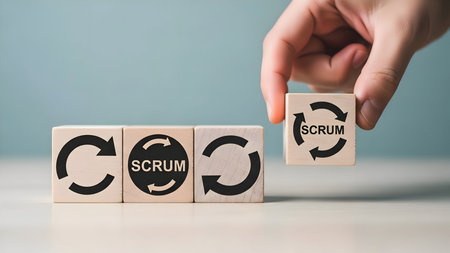 Hand arranging wooden blocks with 'scrum' and refresh icons, symbolizing agile project management and efficient business workflow.の素材