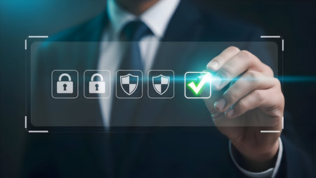 Businessman selecting digital security checkmark on virtual screen, symbolizing cyber protection, data privacy, and secure access management.の素材